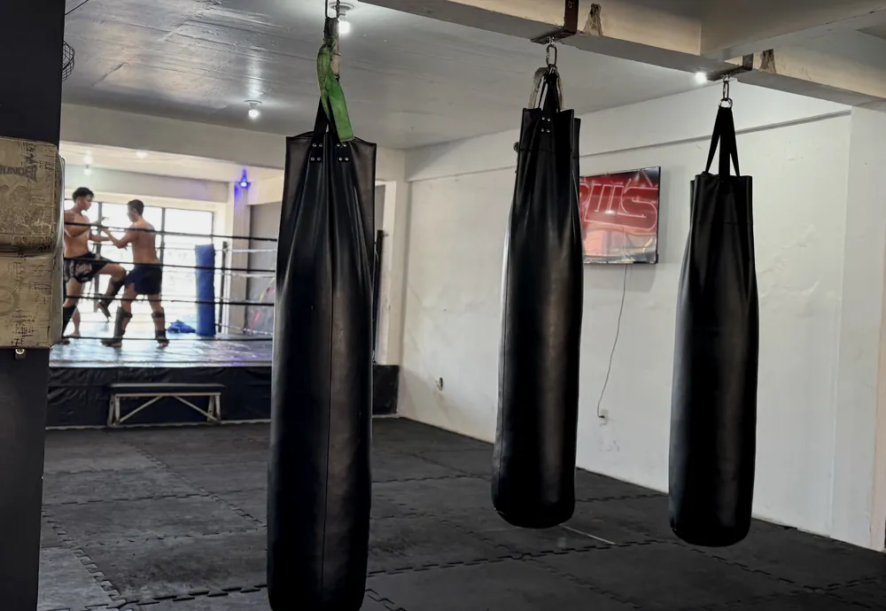 Área de treino com sacos de pancada e o ringue ao fundo